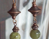 CLEO Green Garnet Earrings with Copper  Bi-cone beads-Jewelry-Earrings Beadwork Dangle Birthstone
