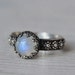 Rainbow moonstone ring with flower band. Sterling silver handmade jewelry. Size 7.25 and made to order.