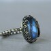 Reserved for Hannah S. Moonstone ring sterling silver with leaf detail. Blue and rainbow flash moonstone. Size 6