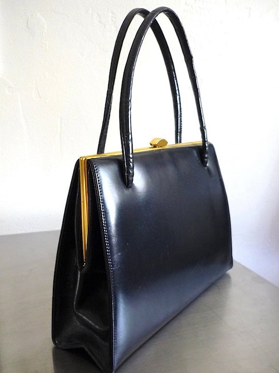 Vintage Handbag Ladies 60's Navy Blue Gold Snap Closure