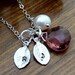 Pick Your Initial and Stone - Pink Tourmaline Quartz, 2 Custom Initial Leaf, Pearl Necklace in Sterling Silver Chain