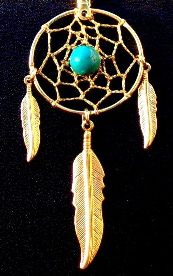 Dream catcher necklace in gold with turquoise and 1inch dream