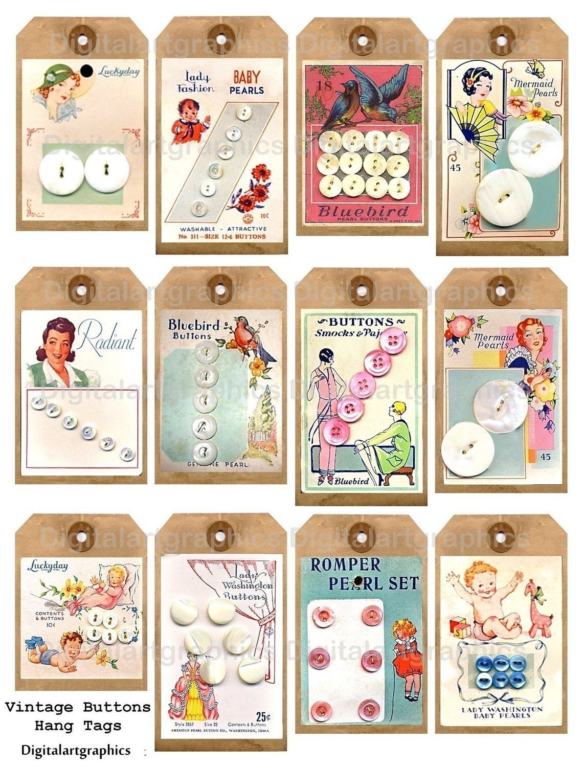 Vintage Button Card Hang 40 Tags 2 Sheets Digital Collage