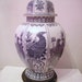Vintage Hollywood Regency Blue and White Ginger Jar Birds and Flowers with Wood Stand