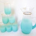 Vintage Hollywood Regency 6 Glasses and Pitcher Aqua Turquoise Robins Egg Blue Blendo Glass