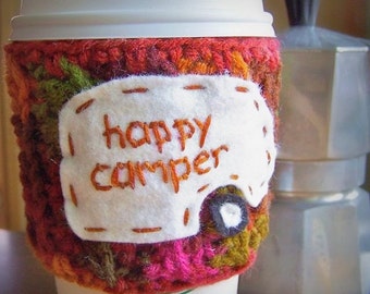 Happy Camper funny travel coffee mug cozy handmade cover