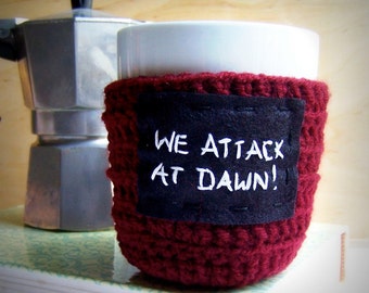 Coffee Mug Cozy Tea Cup burgundy red black white crochet handmade cover