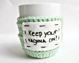 Funny Coffee Cozy Tea Cup Mug mint green black white crochet handmade cover