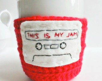 Funny coffee mug cozy tea cup red white This is my jam crochet handmade cover