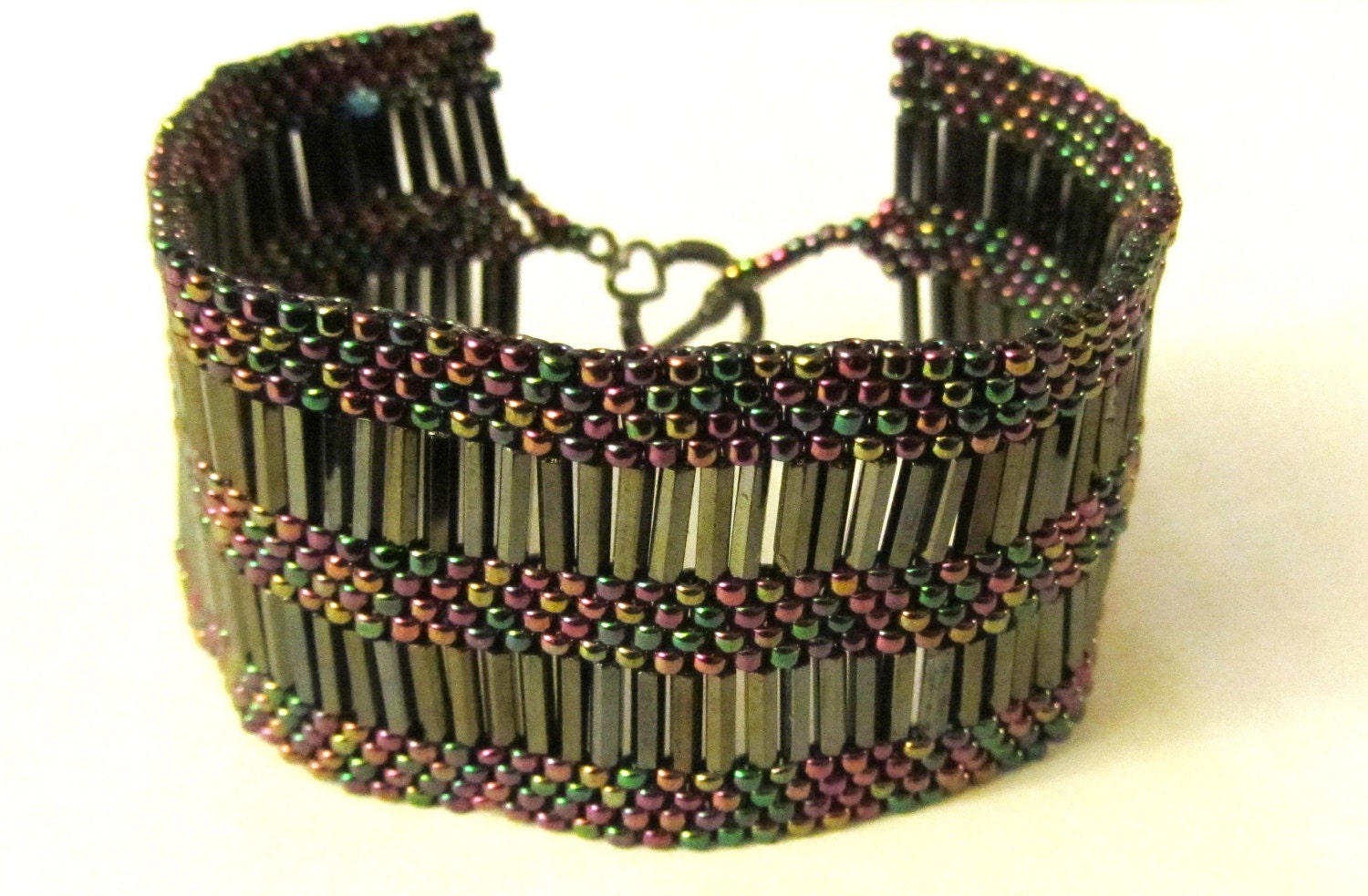 Bugle beads peyote bracelet rainbow silver and by BeadingWonders