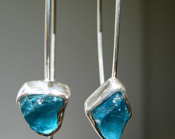 Dangle Rough Teal Blue Apatite Earrings - Sterling Silver - Handmade by Metalmorphoz - FREE SHIPPING to US and Canada!