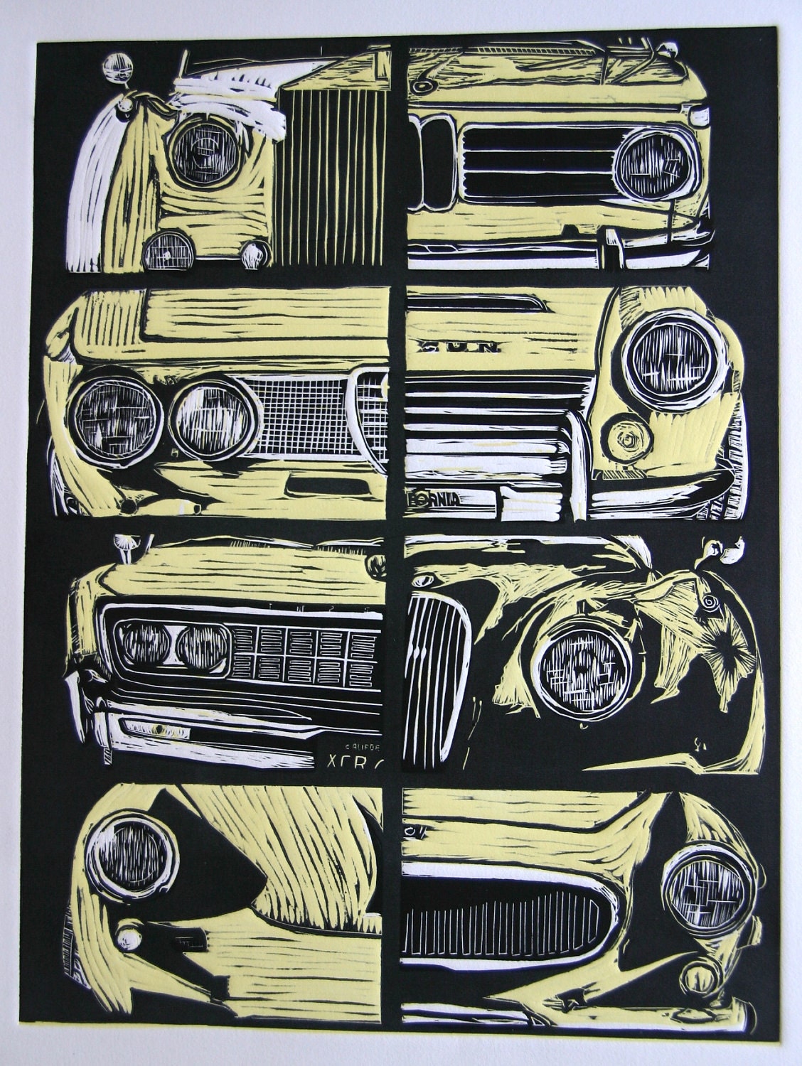 Original Limited Edition Linocut Print vintage car montage