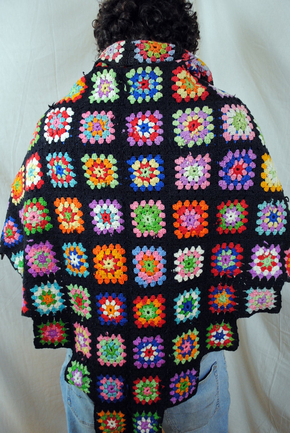 Gorgeous Vintage Rainbow Granny Square Afghan Shawl