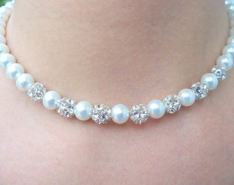 Rhinestone and Pearl Wedding Necklace, Sparkly Necklace, Bridal Jewelry, Bridal Accessories, Wedding Jewelry, Bridal Necklace, White, Ivory