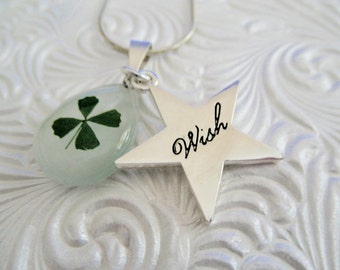 Real 4 Leaf Clover Pendant w/Star Shaped "Wish" Charm-Nature's Art-Each Leaf Symbolizes Luck, Love,Hope, Faith-Nature's Art-Gifts Under 30