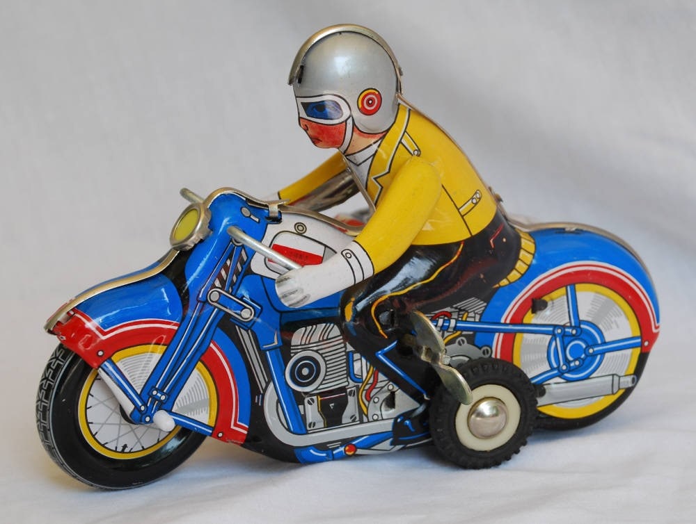 Vintage Tin Motorcycle w/sidecar windup toy FREE SHIPPING