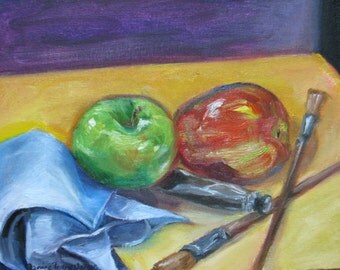 small Original still life oil painting, impressionism Cezanne still life, fruit apple oil art, home decor, wall decor,paint brush still life
