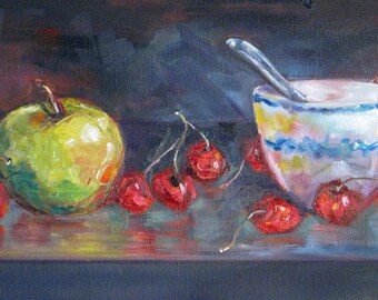 Tea with Fruit Impressionism original oil painting still life canvas apple cherries cup fine art 8 x 16