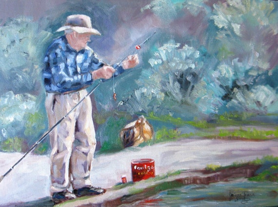 fishing painting oil man paintings giclee bait worm