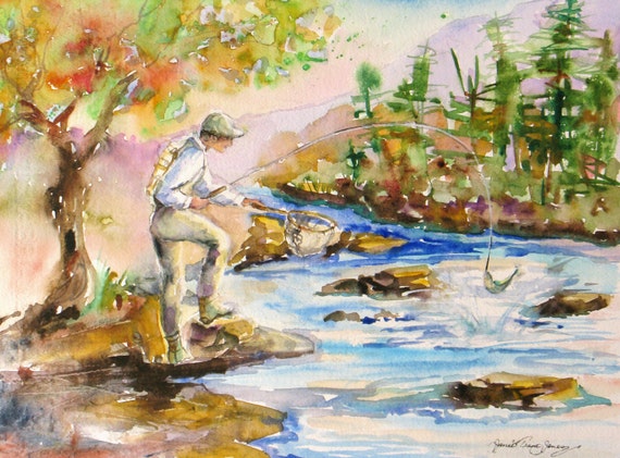 Fishing Original watercolor painting river stream fly fishing