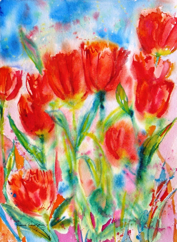 Red tulip abstract original watercolor painting spring flower