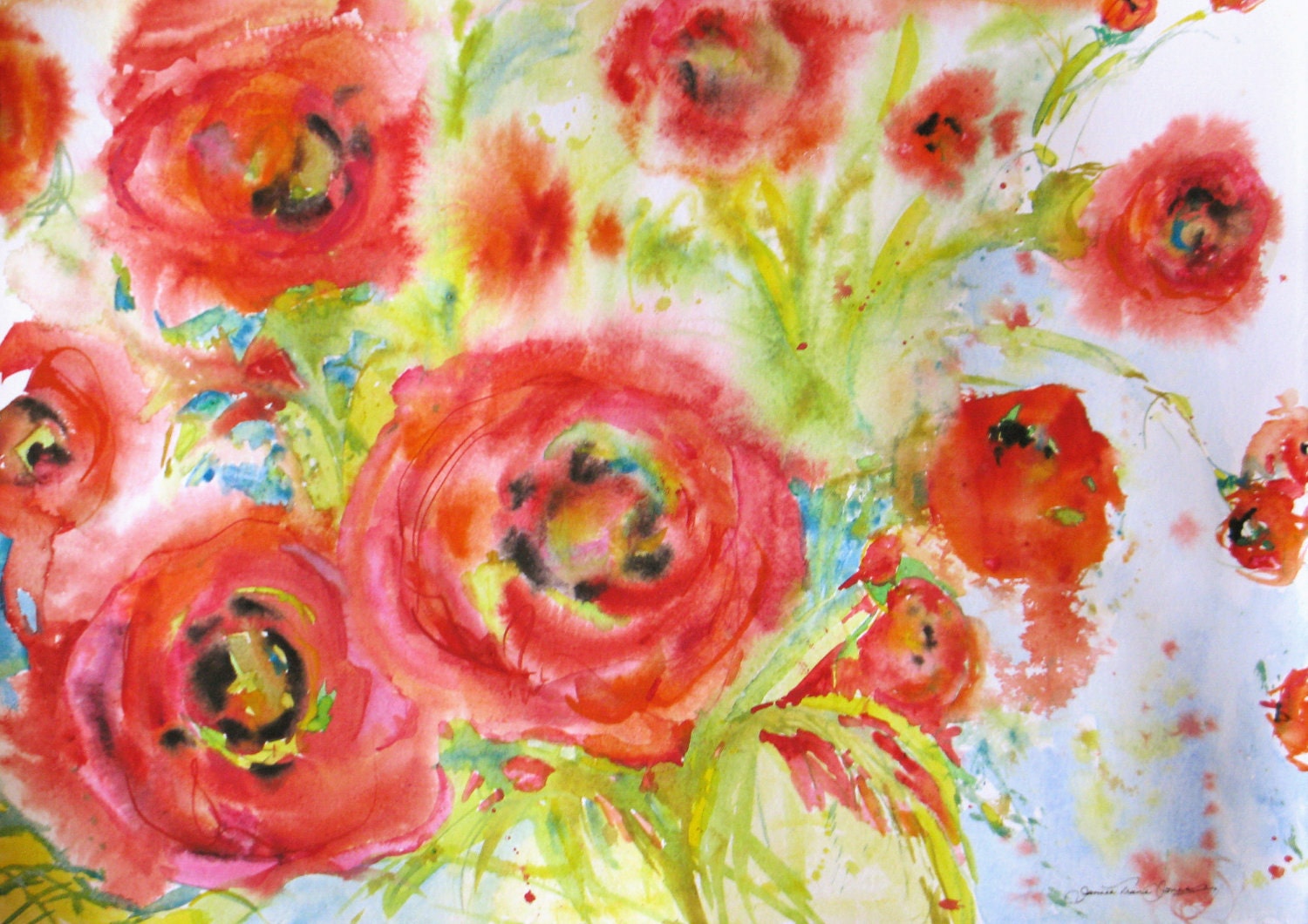 Large abstract poppy original watercolor by JaniceTraneJones