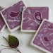Decorative Ceramic Tile Coasters, Whimsical Bird Art, Cheerful Table Decor, Playful Spring Chicks, Tree Branches, Songbird, Burgandy