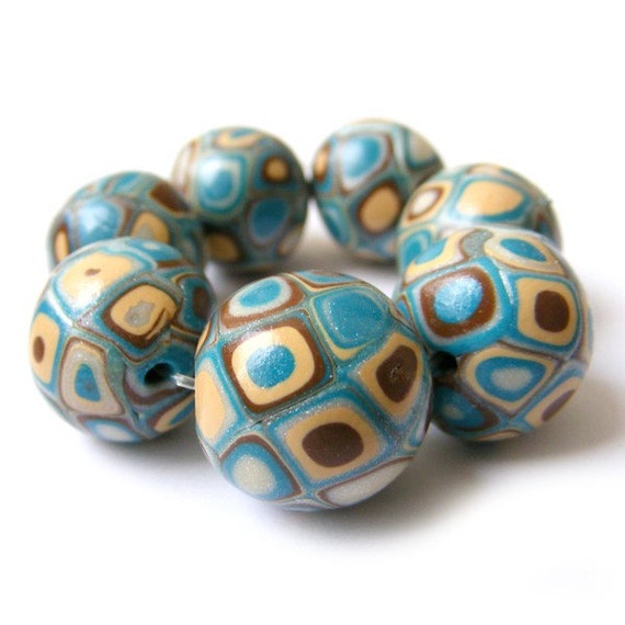 Polymer Clay Beads with Retro Pattern in Turquoise and Ecru
