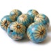 Polymer Clay Beads With Turquoise and Ecru Flames Flowers - Set of 7