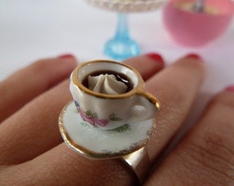 Cup of Coffee ring - alice in wonderland miniature cup ceramic white and gold adjustable ring ,fake cupcake frosting tea party