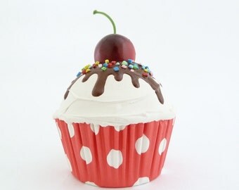 BABY PHOTO PROP cupcake - fake cupcake for photography session props baby first birthday pictures cupcake white icing red polka dot liner