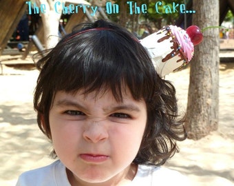 Cake Headband "The Cherry On The cake "photography prop ,first birthday party hat , tea party hat and for cupcake costume pink icing
