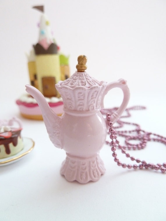 Antique pink Teapot necklace alice in wonderland miniature
