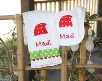 Personalized Santa Hat Bib & Burpcloth Set