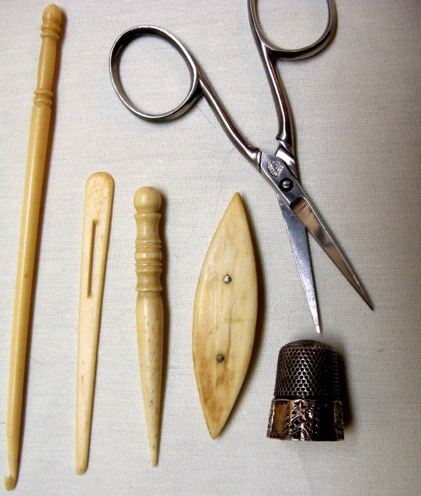 Elaborate Ribbon Chatelaine Antique Bone Tools Tatting