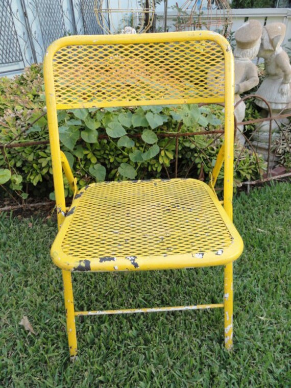 Vintage Metal Folding Chair Rustic Garden Green Yellow Orange