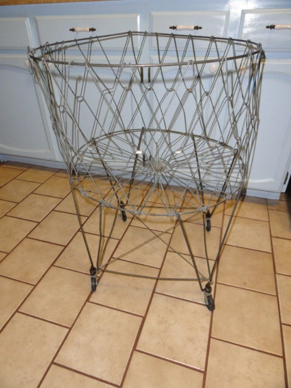 Vintage Laundry Basket French Wire Rolling Industrial Metal