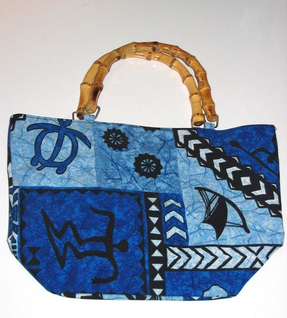 ... Hawaiian Beach bag, handbag, purse, tote. Bamboo Handles. Blue Hawaii