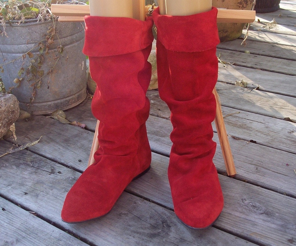 Vintage 80s RED Suede SLOUCH Boots 8 TALL Flat by RubyChicBoutique