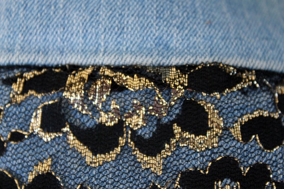 Mardi Gras Upcycled Denim Jacket Black Gold Lace One of a
