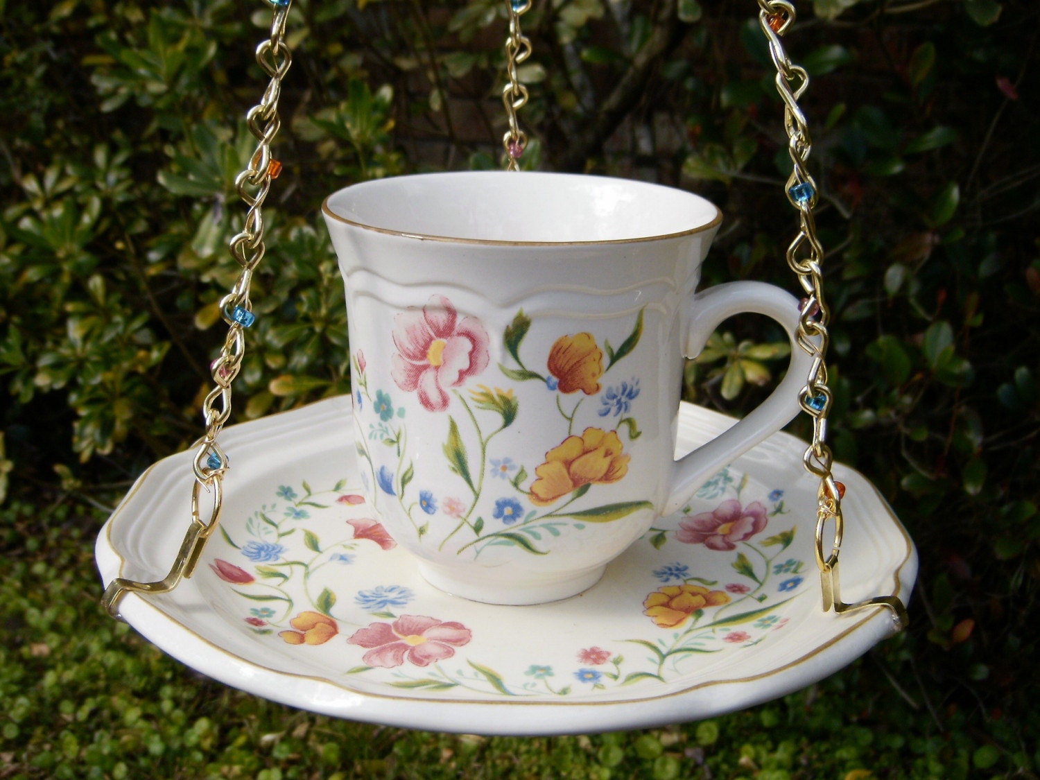 Hanging Tea Cup Birdfeeder REPURPOSED Vintage Cup and Saucer