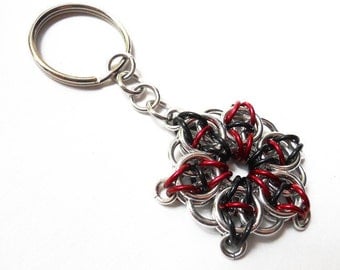 Key chain, Chainmaille, Celtic Visions Star, Black, red, and silver