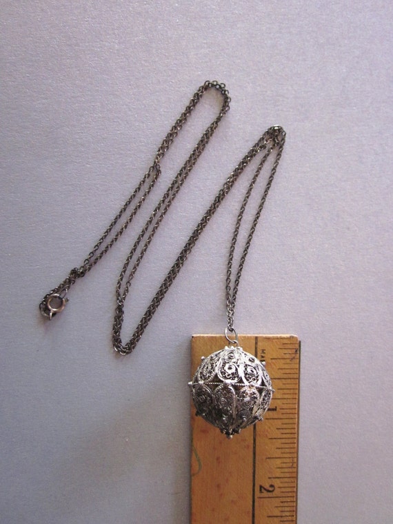 Vintage Silver Filigree Ball Pendant with Sterling Chain