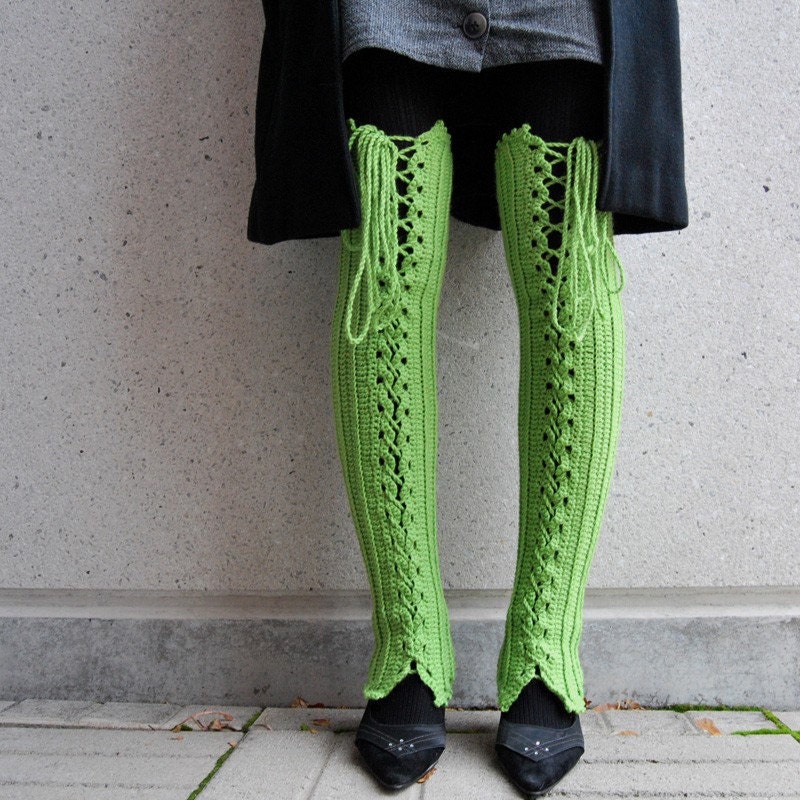 Thigh High Lace Up Leg Warmers in Bright Green