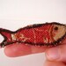 Ooak brooch. Fish shaped. Recycled fabrics. Red, gold, beige and brown