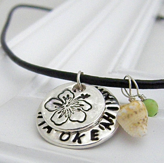 Hawaiian Necklace Hand Stamped Silver Name and Hibiscus with