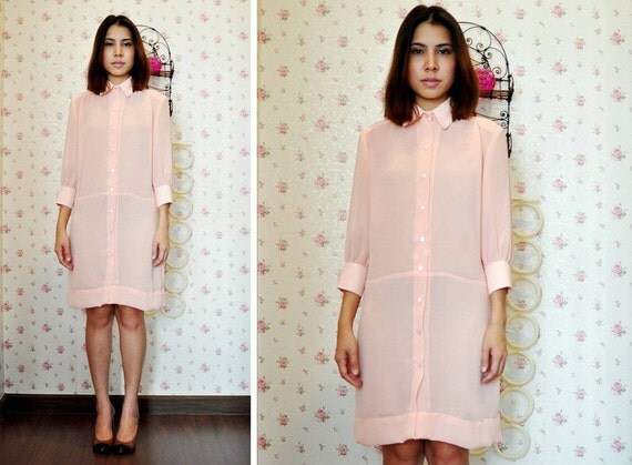 Items similar to Pink Shirt Dress Long Sleeve Chiffon Sheer Day Short