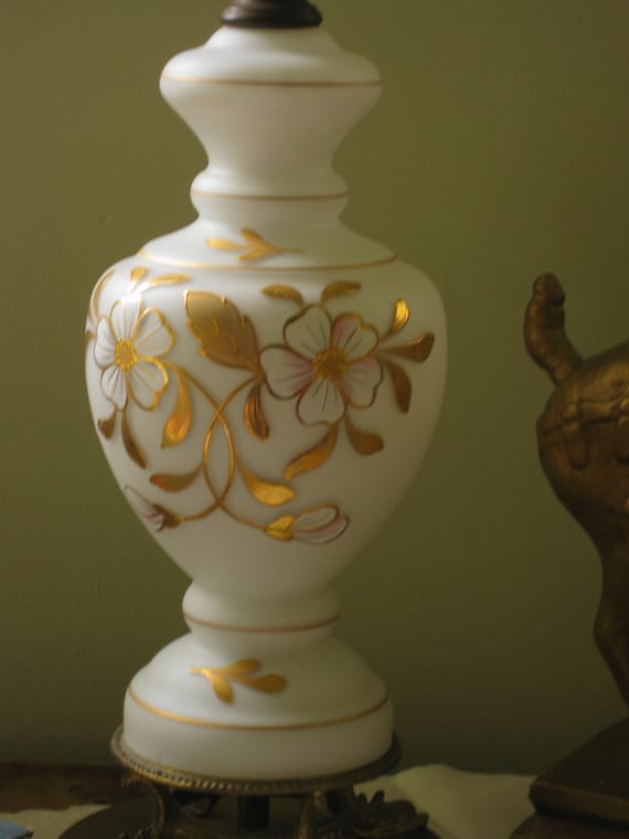 Frosted Glass Table Lamp with gold gilt Hand Painted Flowers