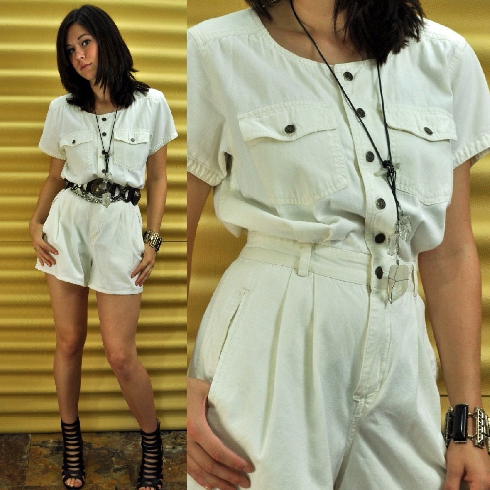 80s denim ROMPER shorts white DENIM snap front & fitted at