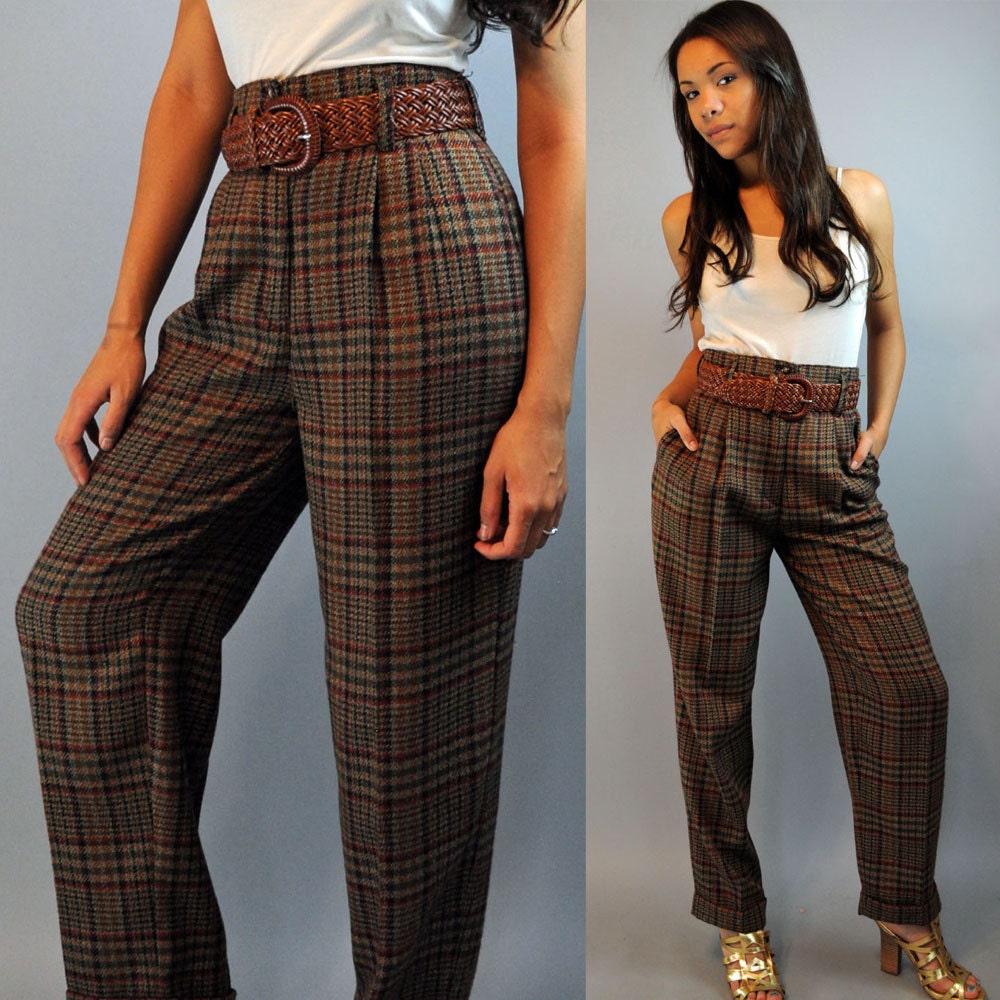 belt skinny waist elastic pants HIGH Front pants WAISTED 80s taper Pleated plaid w/